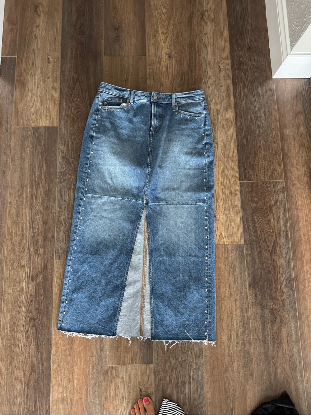 Studded Blue Denim Midi Skirt with Front Slit